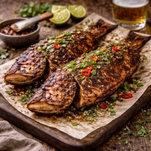 Jerk BBQ Red Snapper on rustic wooden table