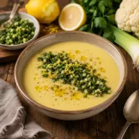 Roasted Cauliflower Soup served with fresh parsley gremolata in a rustic bowl.