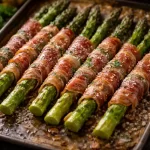 Roasted prosciutto-wrapped asparagus with crispy ham and herbs on a rustic wooden table
