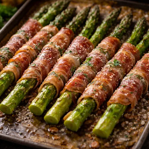 Roasted prosciutto-wrapped asparagus with crispy ham and herbs on a rustic wooden table