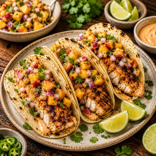 chipotle fish tacos served on a rustic wooden table with peach salsa and grilled tortillas