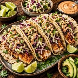 grilled fish tacos served on a rustic wooden table with cabbage slaw and warm tortillas