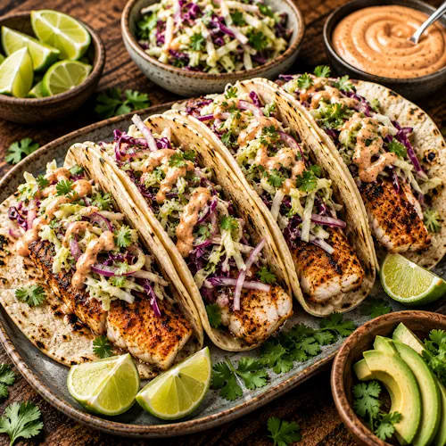 grilled fish tacos served on a rustic wooden table with cabbage slaw and warm tortillas