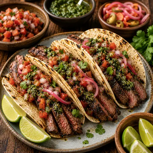 grilled steak tacos served on a rustic wooden table with pico de gallo, grilled steak, and warm tortillas