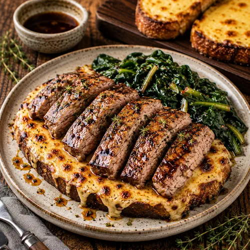 grilled veal served on a rustic wooden table with Welsh rarebit and melted cheddar toast
