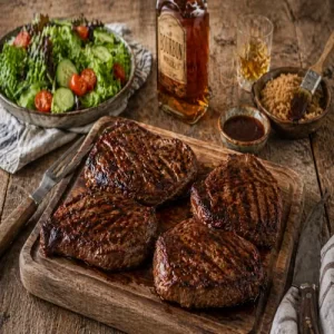 Barbecue Bourbon Steak op een rustieke houten tafel.