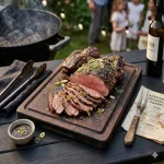 Asian barbecued lamb grilled on a rustic barbecue setup
