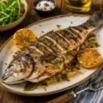 barbecued sea bass served on a rustic wooden table with lemon wedges and grilled fish