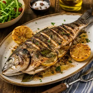 barbecued sea bass served on a rustic wooden table with lemon wedges and grilled fish