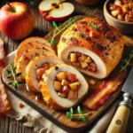 Apple and bacon–stuffed chicken breasts on rustic wooden table