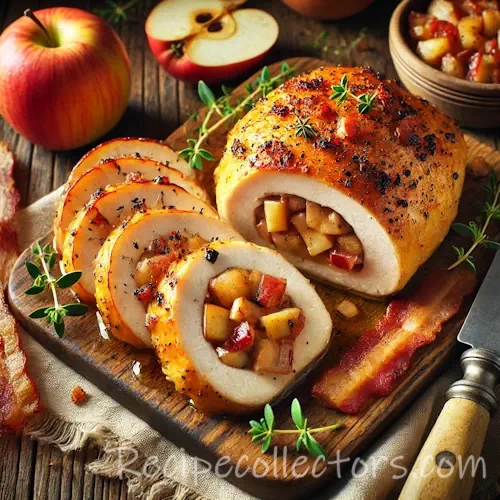 Apple and bacon–stuffed chicken breasts on rustic wooden table