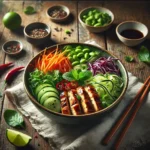 Asia bowl with herb salad op rustieke houten tafel