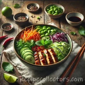 Asia bowl with herb salad op rustieke houten tafel