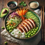 Asian bowl with chicken on rustic wooden table