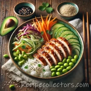 Asian bowl with chicken on rustic wooden table