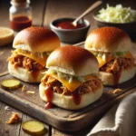 Baked Barbecue Chicken Sliders on rustic wooden table