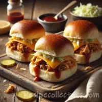 Baked Barbecue Chicken Sliders on rustic wooden table