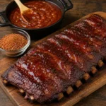 BBQ ribs served on a rustic wooden table with smoky pork ribs and homemade barbecue sauce