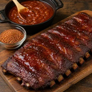 BBQ ribs served on a rustic wooden table with smoky pork ribs and homemade barbecue sauce