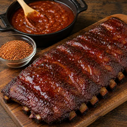 BBQ ribs served on a rustic wooden table with smoky pork ribs and homemade barbecue sauce