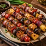 teriyaki pork kabobs served on a rustic wooden table with grilled pork and pineapple skewers
