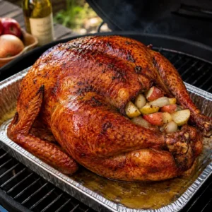 BBQ turkey served on a rustic wooden table with roasted turkey and smoky barbecue flavor