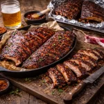 Baby Back Ribs from Myron Mixon on rustic wooden table