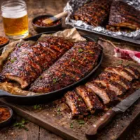 Baby Back Ribs from Myron Mixon on rustic wooden table