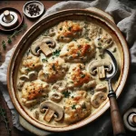 Baked, Creamed Chicken on rustic wooden table