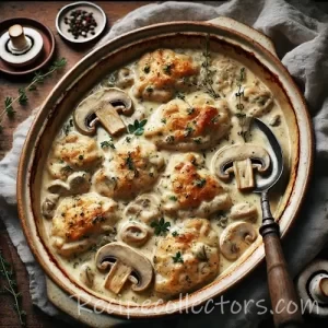 Baked, Creamed Chicken on rustic wooden table