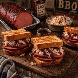 Barbecue Bologna Sandwiches on a rustic wooden table.