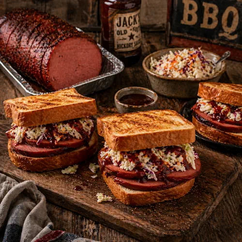 Barbecue Bologna Sandwiches on a rustic wooden table.