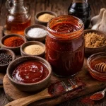 Barbecue Sauce from Myron Mixon on rustic wooden table