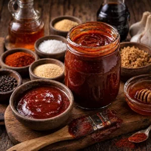 Barbecue Sauce from Myron Mixon on rustic wooden table
