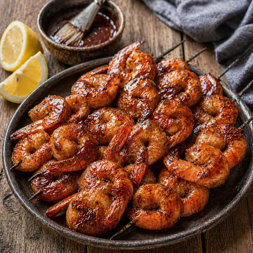 barbecue shrimp skewers grilled on a rustic barbecue setup