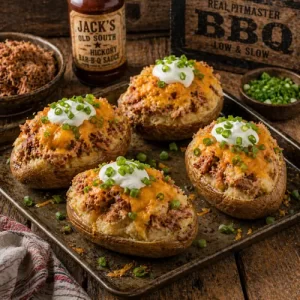 barbecue stuffed baked potatoes with pulled pork and cheese on a rustic wooden table