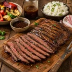marinated flank steak served on a rustic wooden table with sliced grilled beef and fresh herbs