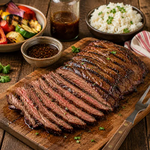 marinated flank steak served on a rustic wooden table with sliced grilled beef and fresh herbs