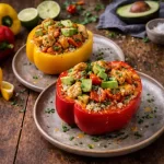 bell pepper bowl with chicken quinoa avocado and colorful vegetables in a healthy bowl