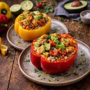 bell pepper bowl with chicken quinoa avocado and colorful vegetables in a healthy bowl