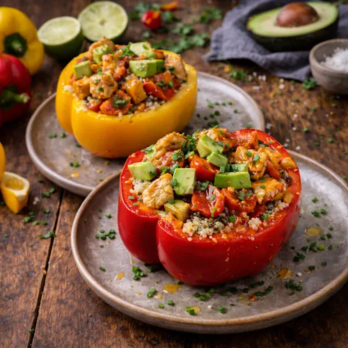 bell pepper bowl with chicken quinoa avocado and colorful vegetables in a healthy bowl