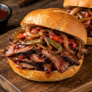 brisket sandwich and barbecue brisket sandwich served on a rustic wooden table with peppers and onions