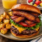 brunch burgers and pork belly burger served on a rustic wooden table with fries and barbecue sauce