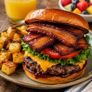 brunch burgers and pork belly burger served on a rustic wooden table with fries and barbecue sauce