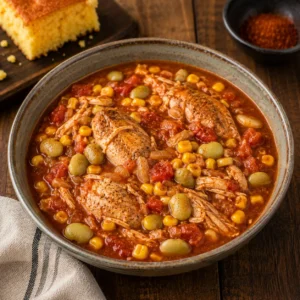 Brunswick stew and Southern chicken stew served on a rustic wooden table in a large bowl
