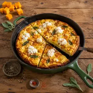 Golden butternut squash frittata with ricotta, sage and cayenne in a cast-iron skillet.