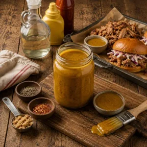Carolina mustard barbecue sauce served on a rustic wooden table with tangy mustard BBQ sauce