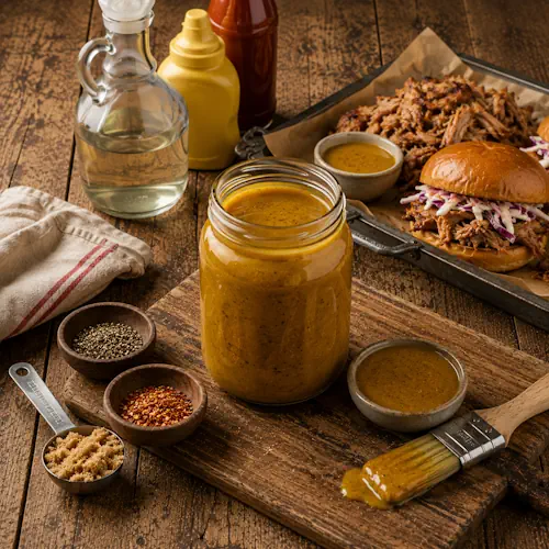 Carolina mustard barbecue sauce served on a rustic wooden table with tangy mustard BBQ sauce
