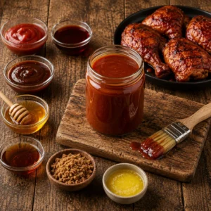chicken glaze served on a rustic wooden table with sticky homemade barbecue glaze