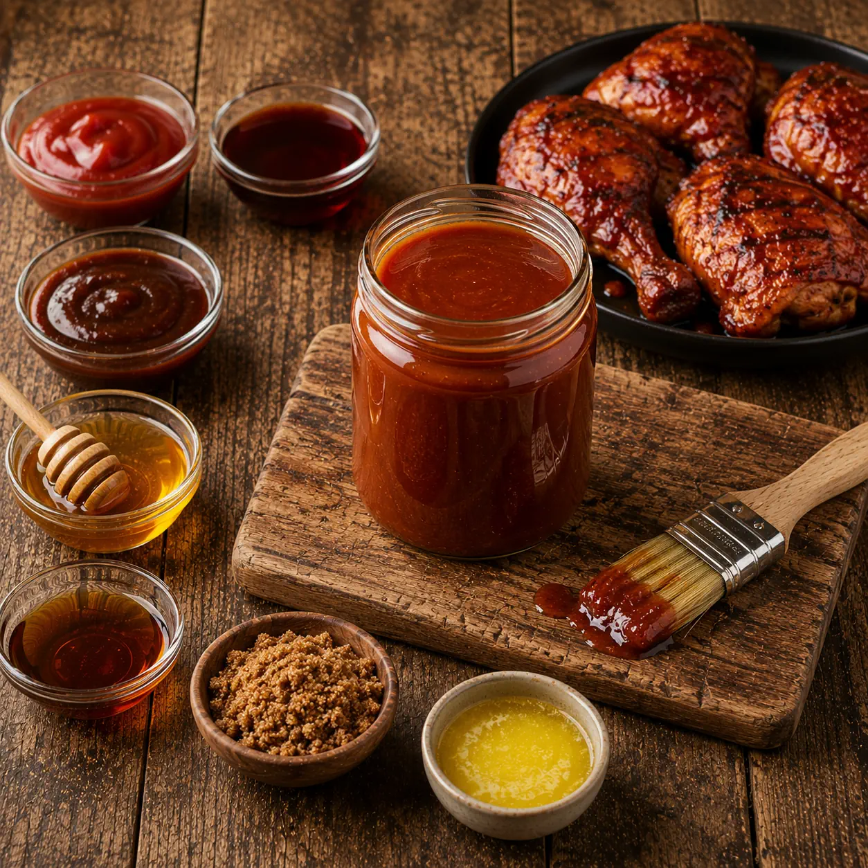 chicken glaze served on a rustic wooden table with sticky homemade barbecue glaze